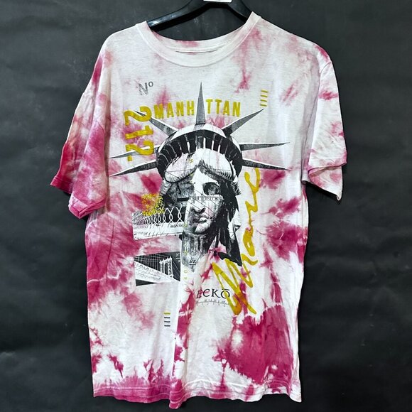 Marc Ecko Shirt Tie Dyed Cotton Red Tee T-shirt Size Large Statue of Liberty - Picture 1 of 5